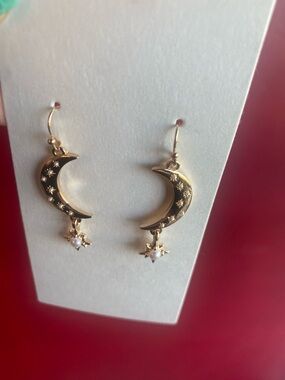 Gold Crescent Moon & Star Dangle Earrings with Pearl Accent